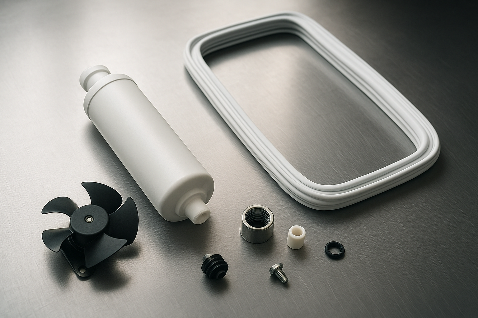 Assorted whirlpool refrigerator parts including water filter and door gasket on a workbench