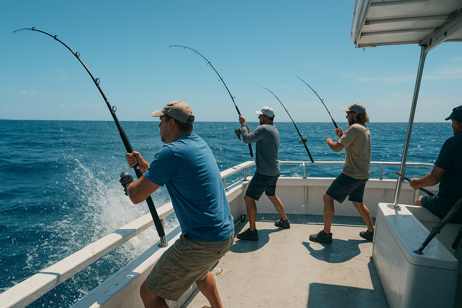 Anglers reeling in fish together during action fishing trips near North Myrtle Beach