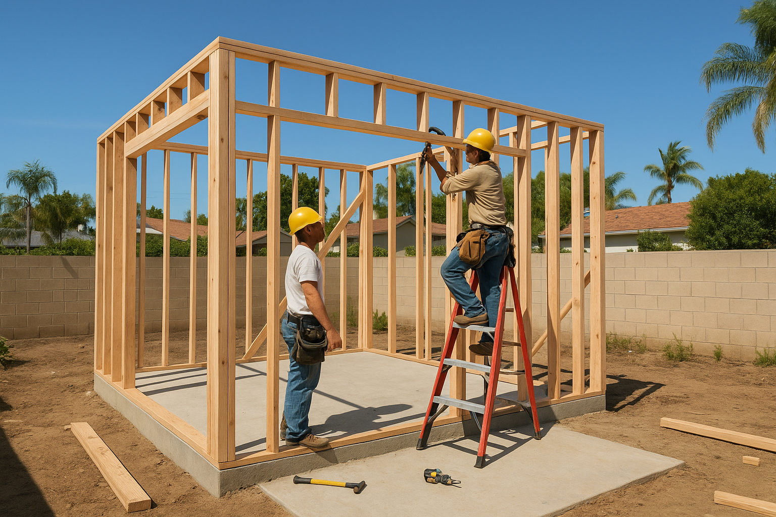 Construction crew framing the structure of a freestanding ADU unit on a residential lot in Southern California