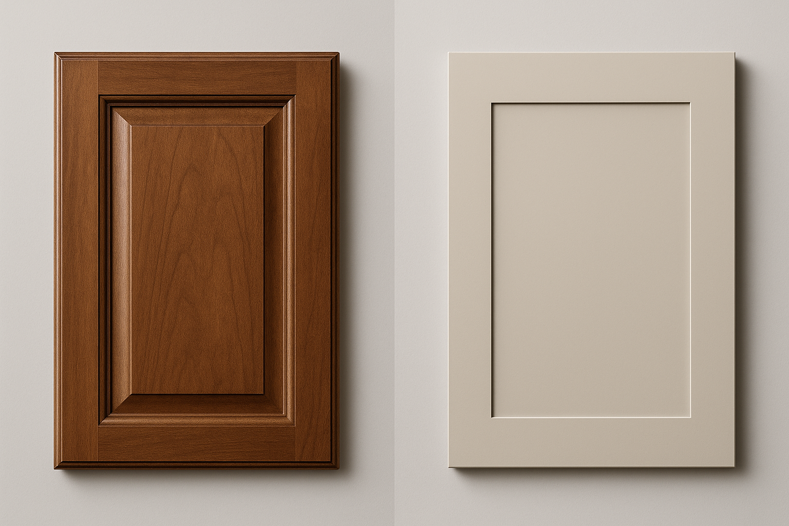 Comparison of classic raised-panel and modern flat-panel cabinet styles
