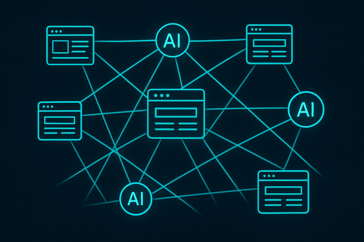 Illustration of interconnected enterprise website pages linked to AI search visibility nodes