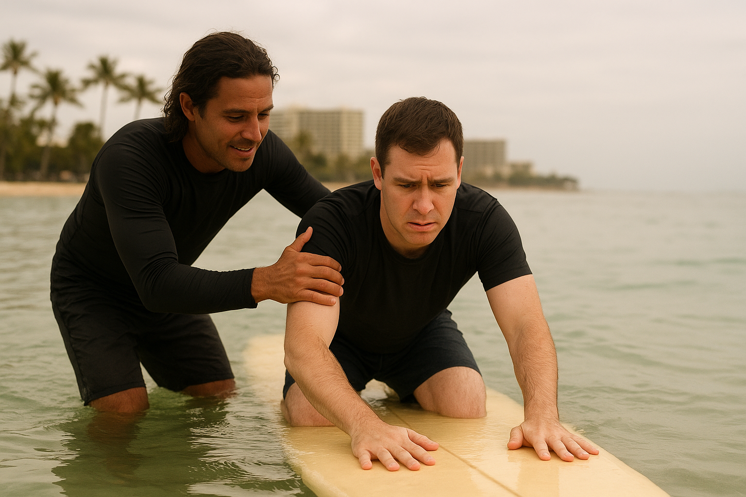 Instructor coaching a student's paddling form during a beginner surf lesson in Waikiki