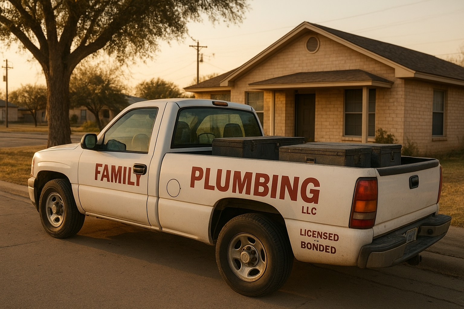 E25beb1f_plumbing-service-truck-terrell Family-owned plumbing service truck arriving for a residential fixture repair appointment in Terrell Texas