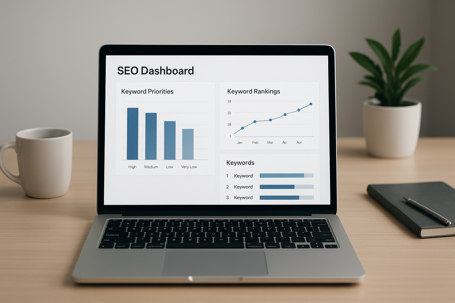 Dashboard showing targeted SEO automation prioritizing keywords and ranking data