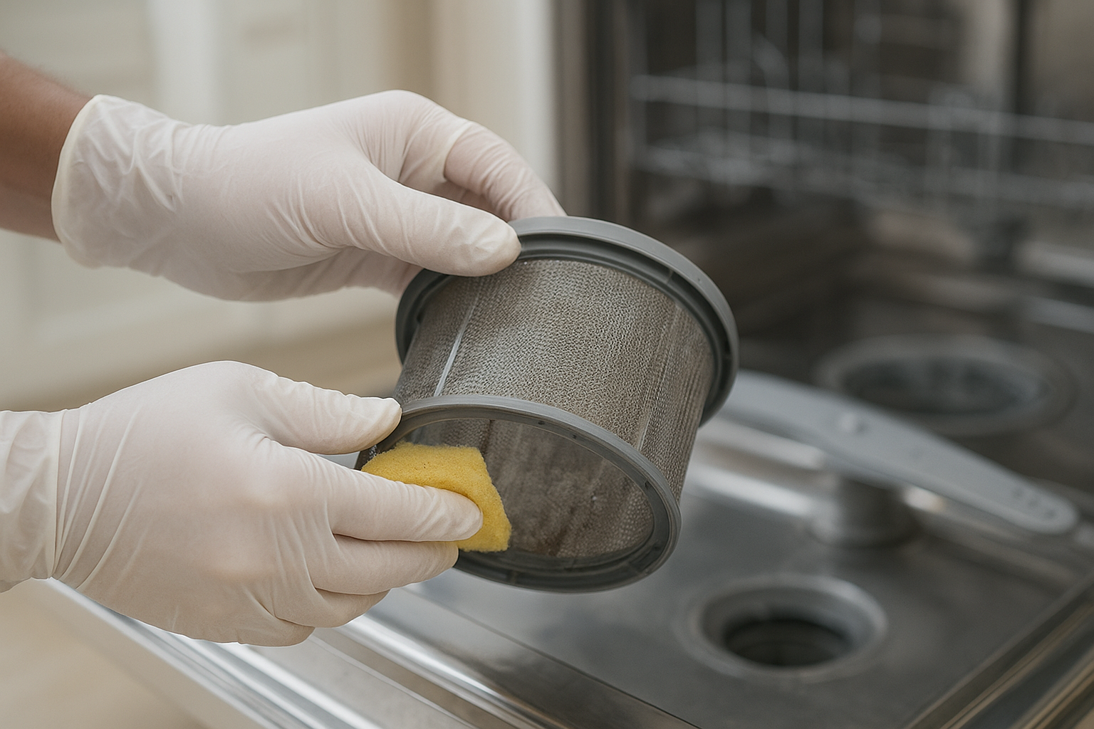 Technician cleaning a clogged dishwasher drain filter during a repair inspection