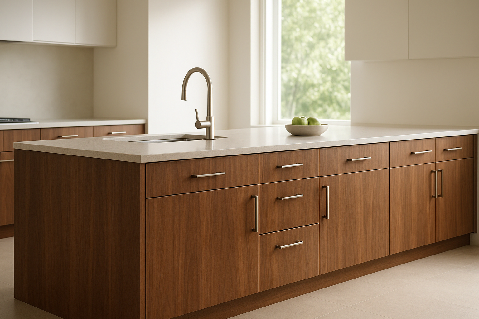 Kitchen island after refacing kitchen islands project with new walnut veneer doors and modern hardware