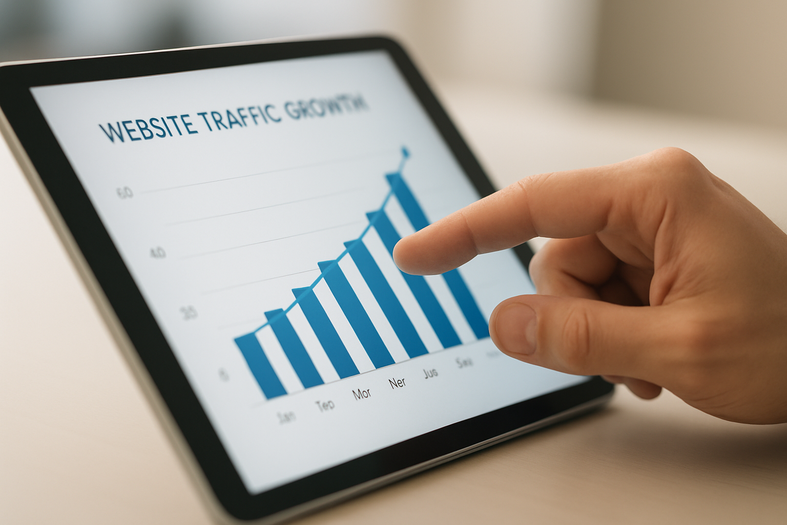 Tablet screen displaying local search ranking growth chart for a small business
