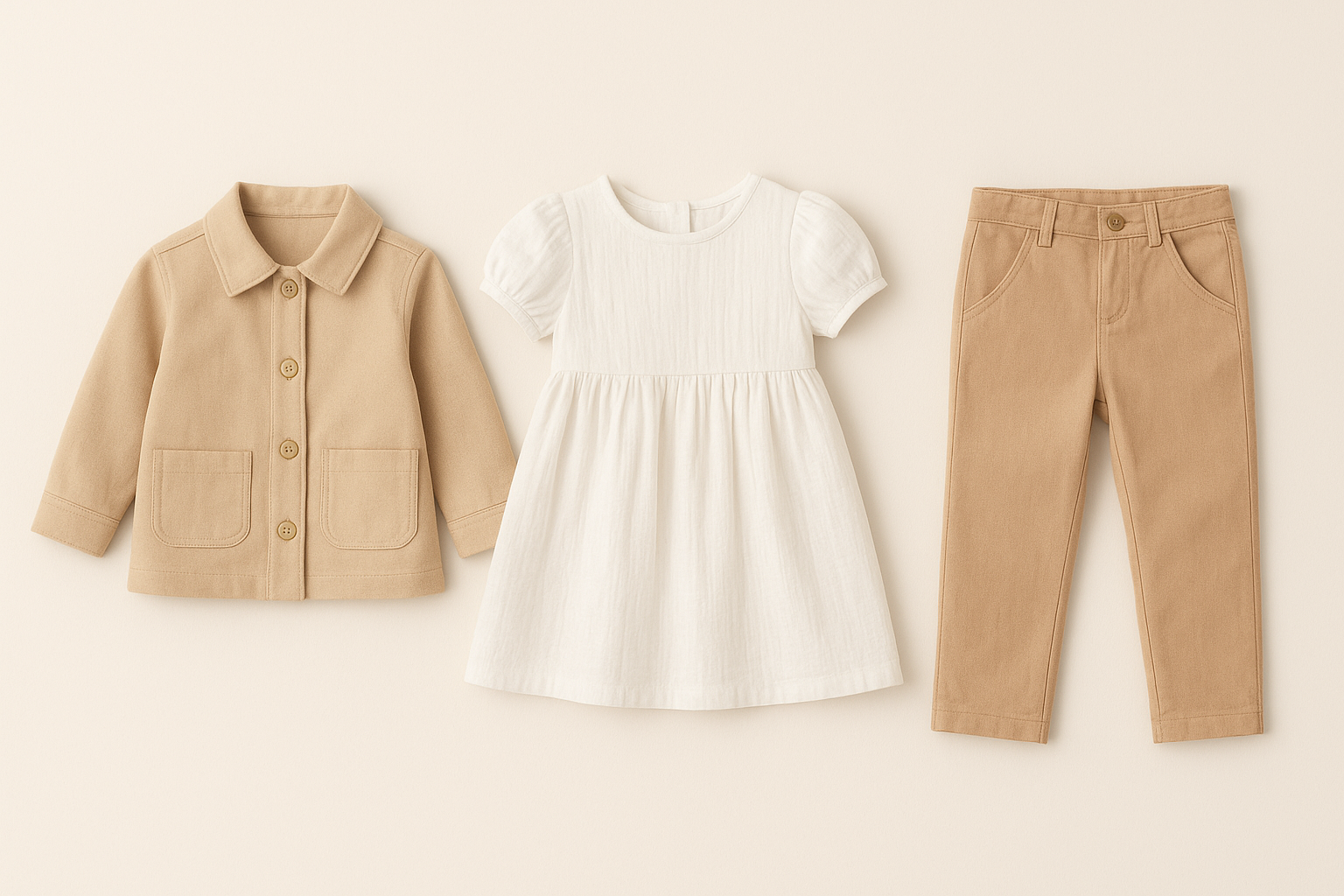Flat lay of premium children's clothing pieces from a rotating rental wardrobe