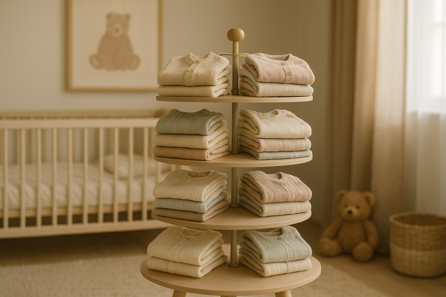 Rotating wardrobe rack showing fashion rental for children with folded premium clothing