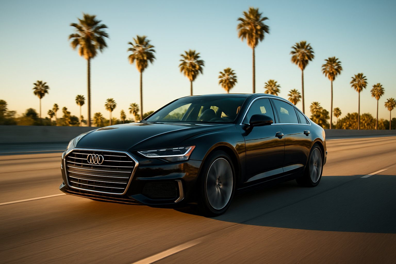 Riverside to John Wayne Airport private car service sedan on a Southern California freeway
