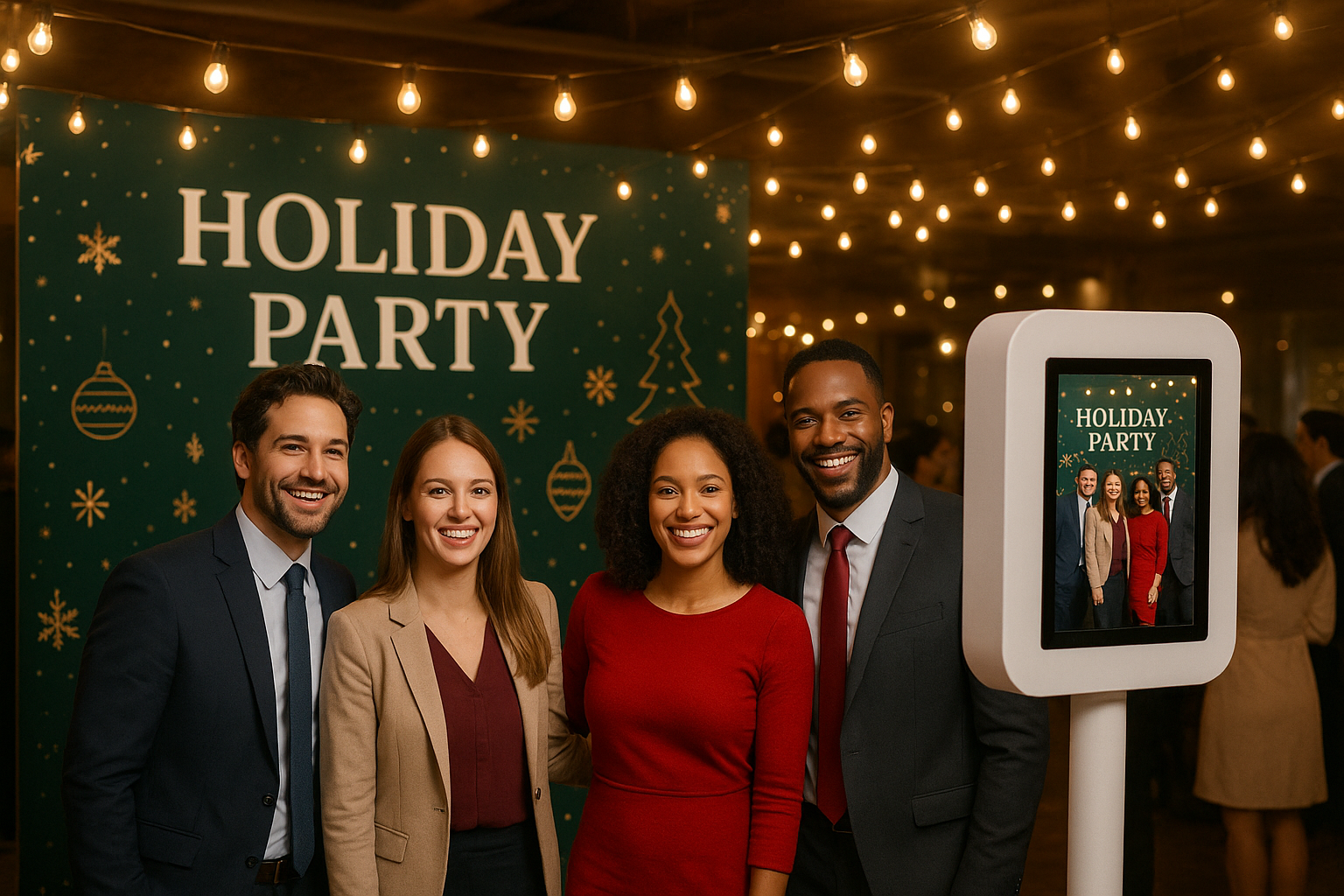 Corporate event photo booth rental Western Kentucky guests posing at a company holiday party