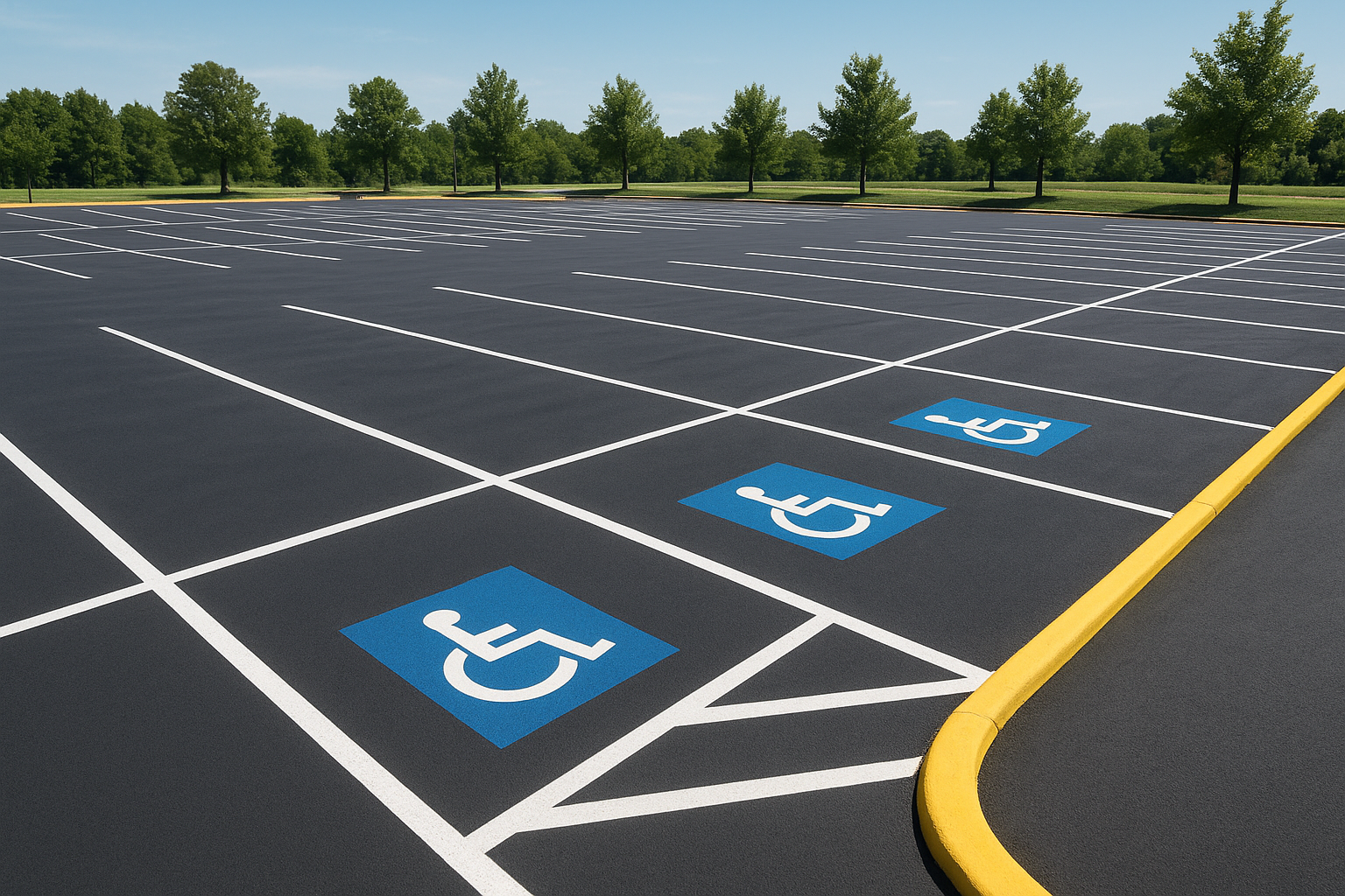 Freshly completed semper fi striping on a commercial parking lot with white stall lines and ADA markings