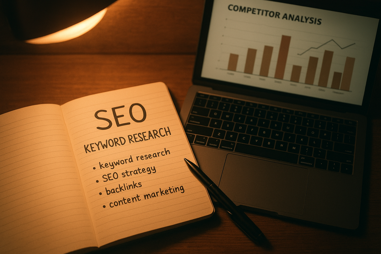 Keyword research and competitor analysis notes alongside a laptop running an SEO tool