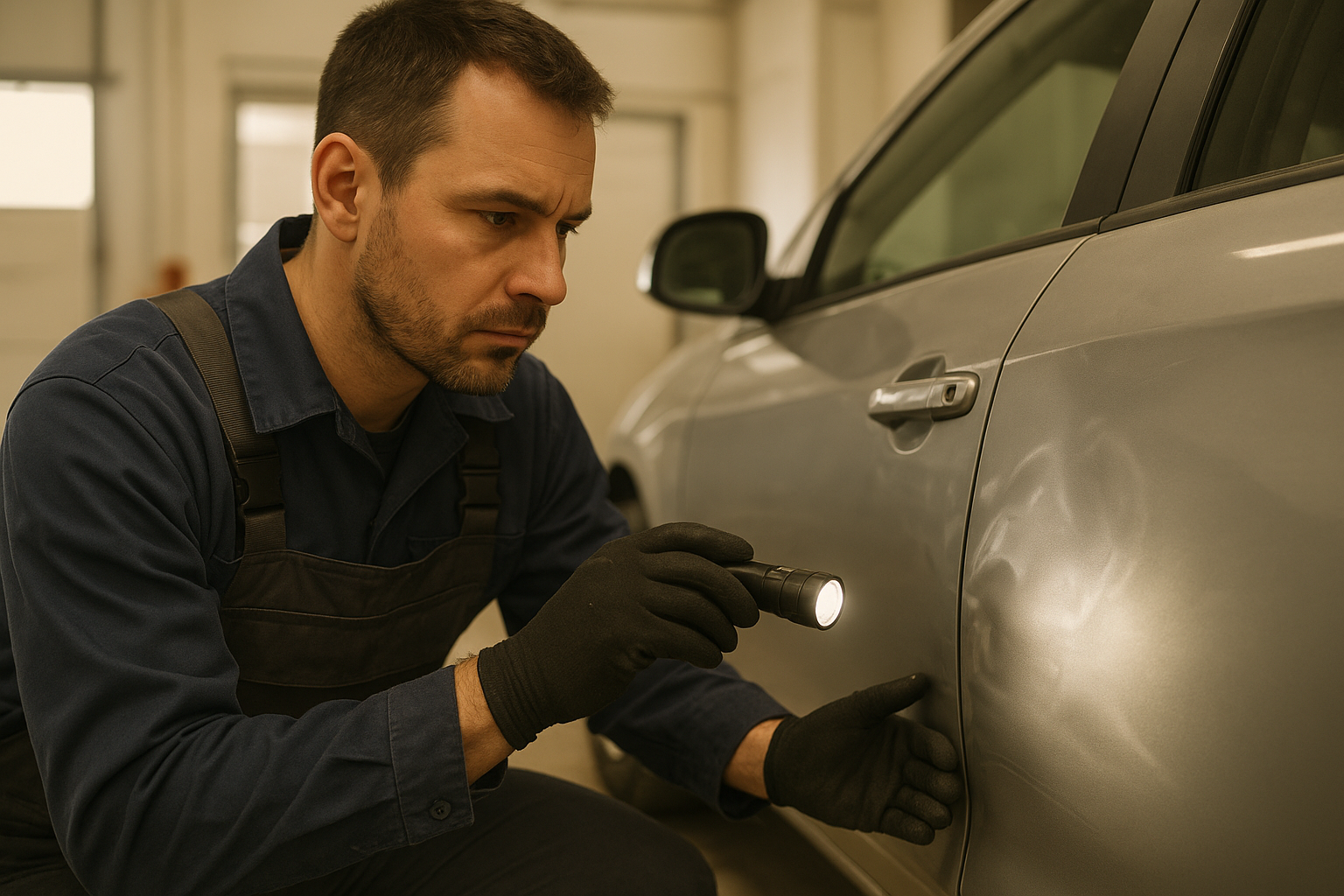 Technician inspecting a damaged panel while offering vehicle restoration services near me