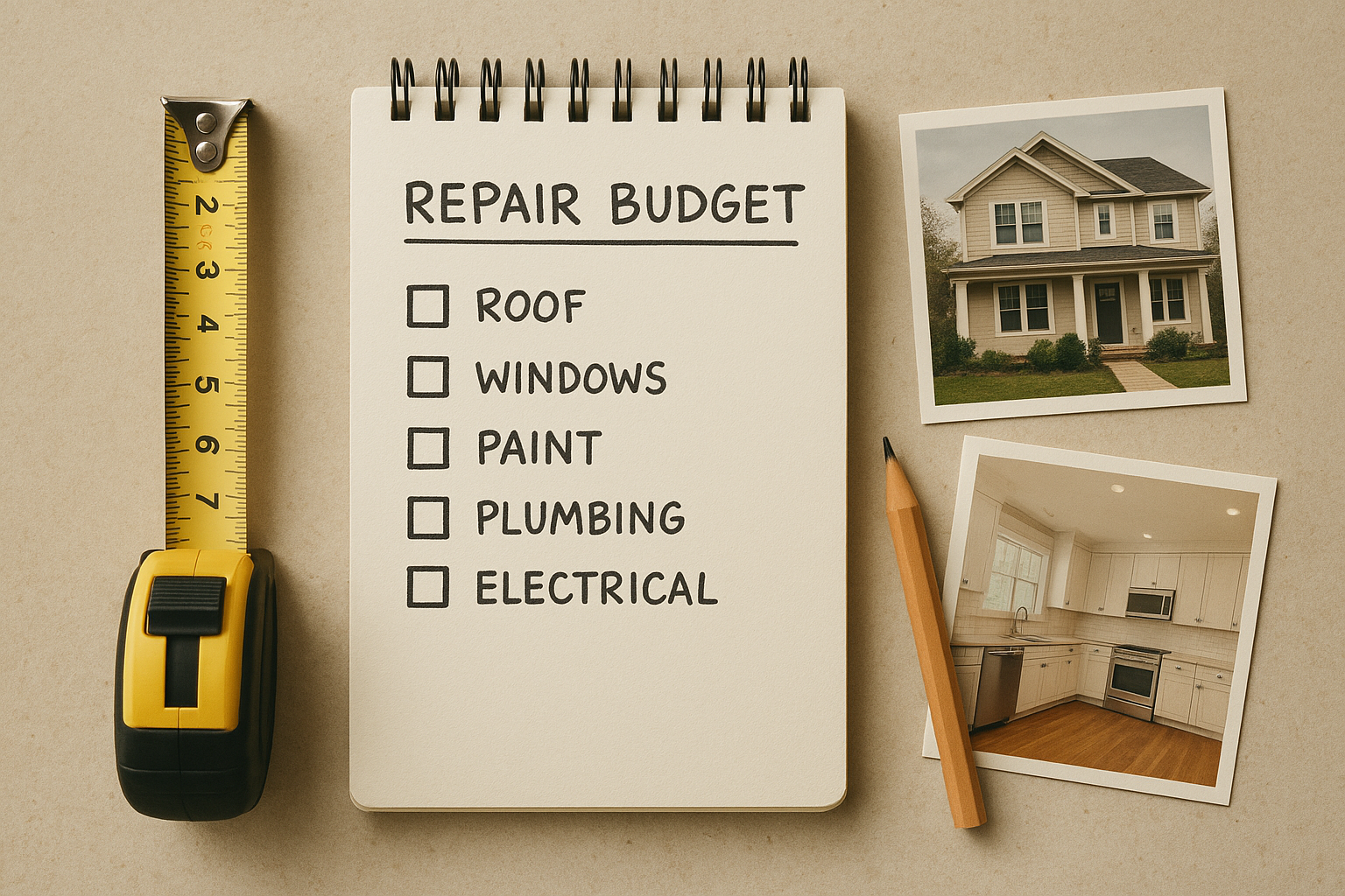 Repair budget worksheet and property photos used to estimate renovation costs for an ARV calculation