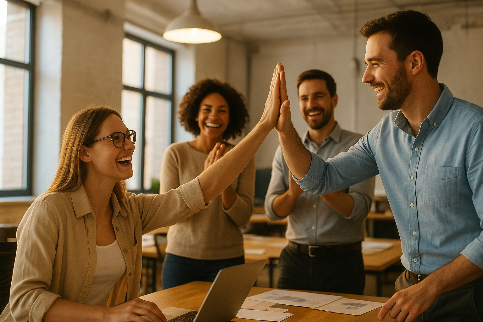 Small business team celebrating growth after adopting outsourced HR support