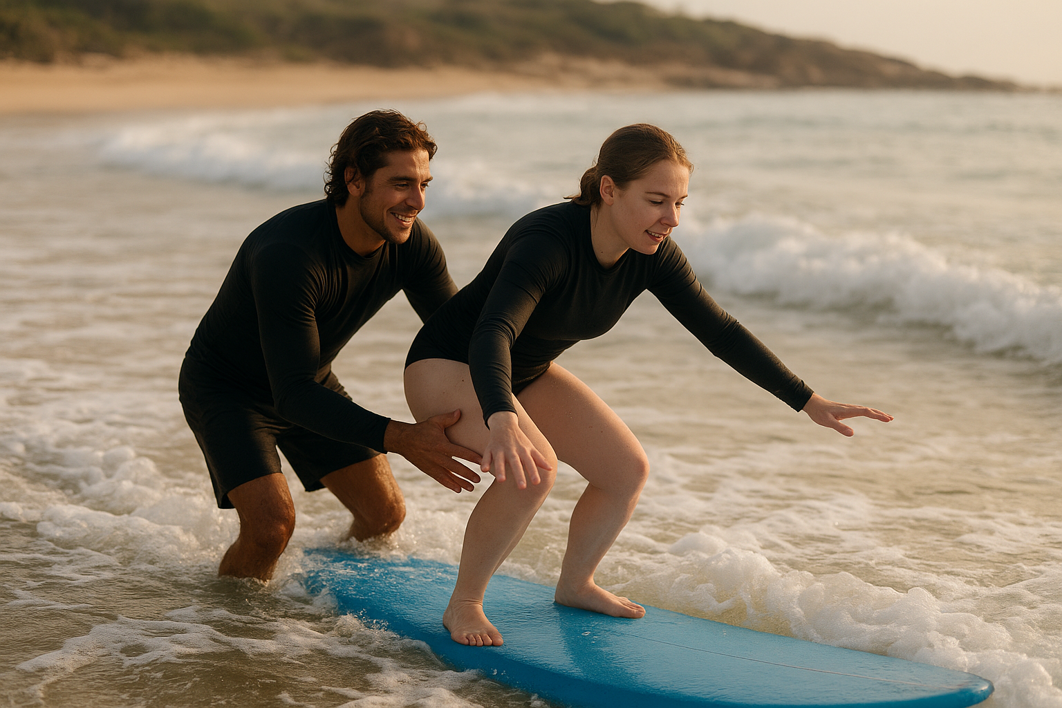 Instructor helping a beginner during safe surfing lessons for beginners in shallow whitewash