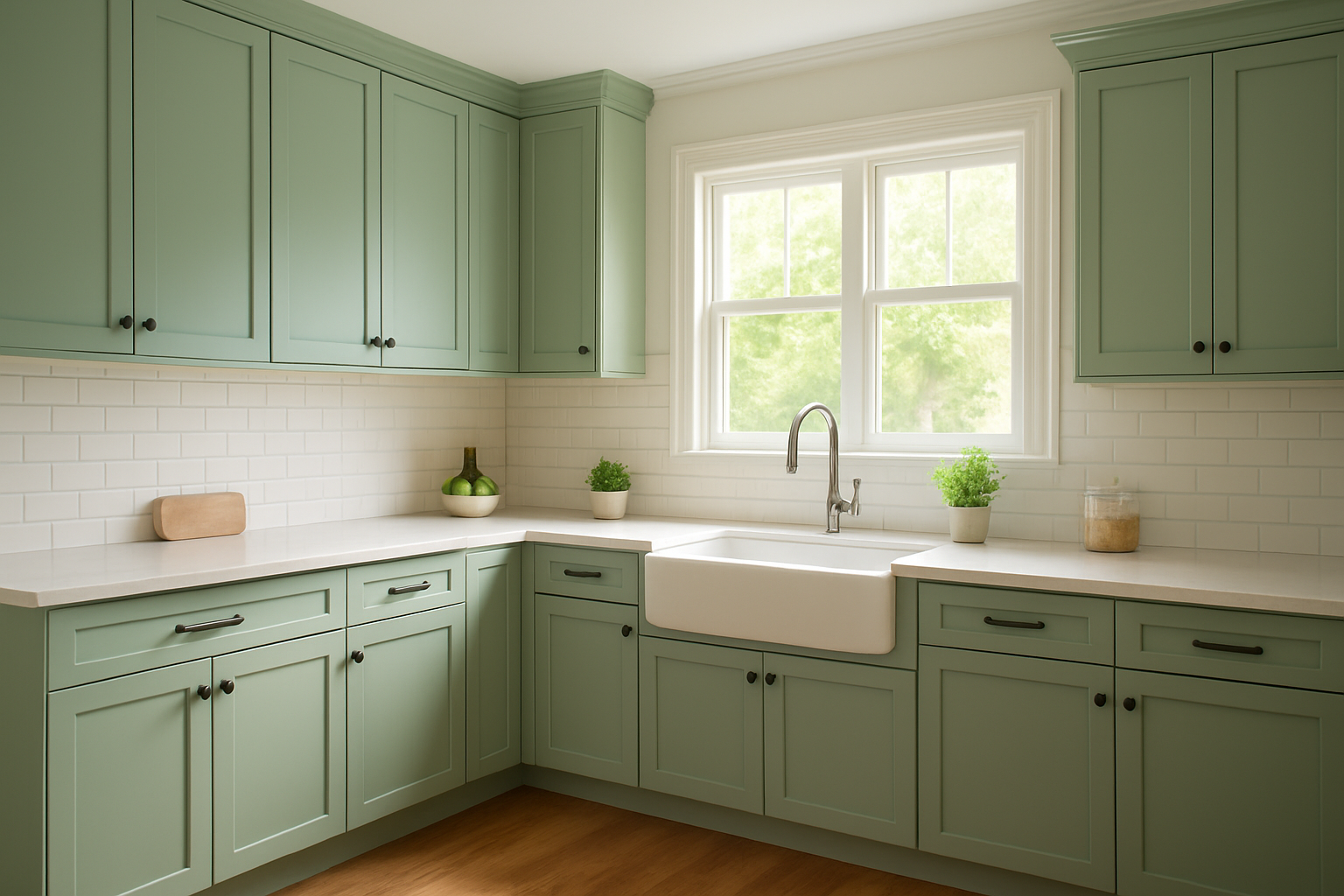 Kitchen with refaced cabinet styles featuring shaker doors in sage green