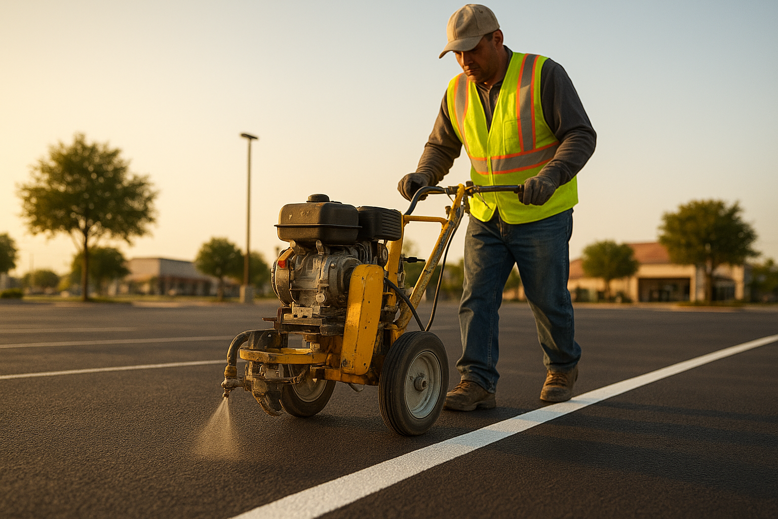 Professional striping machine applying fresh white lines during a parking lot striping project in North Texas