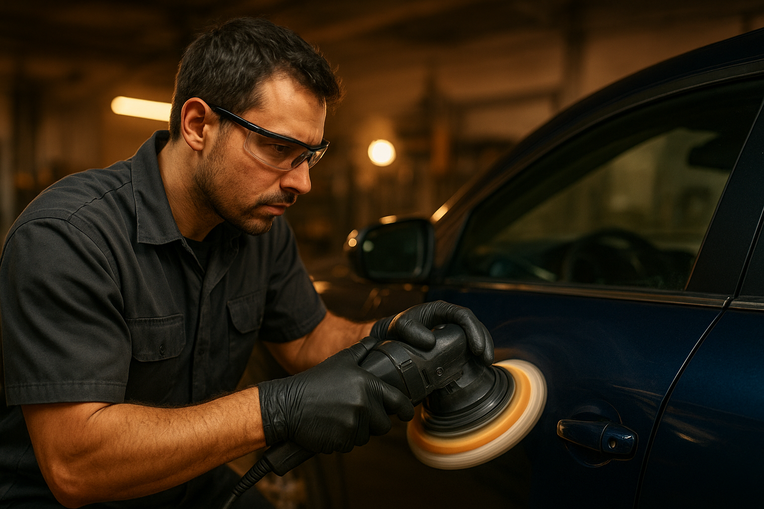 Auto body technician buffing out clear coat scratches on a dark blue car panel using a dual-action polisher