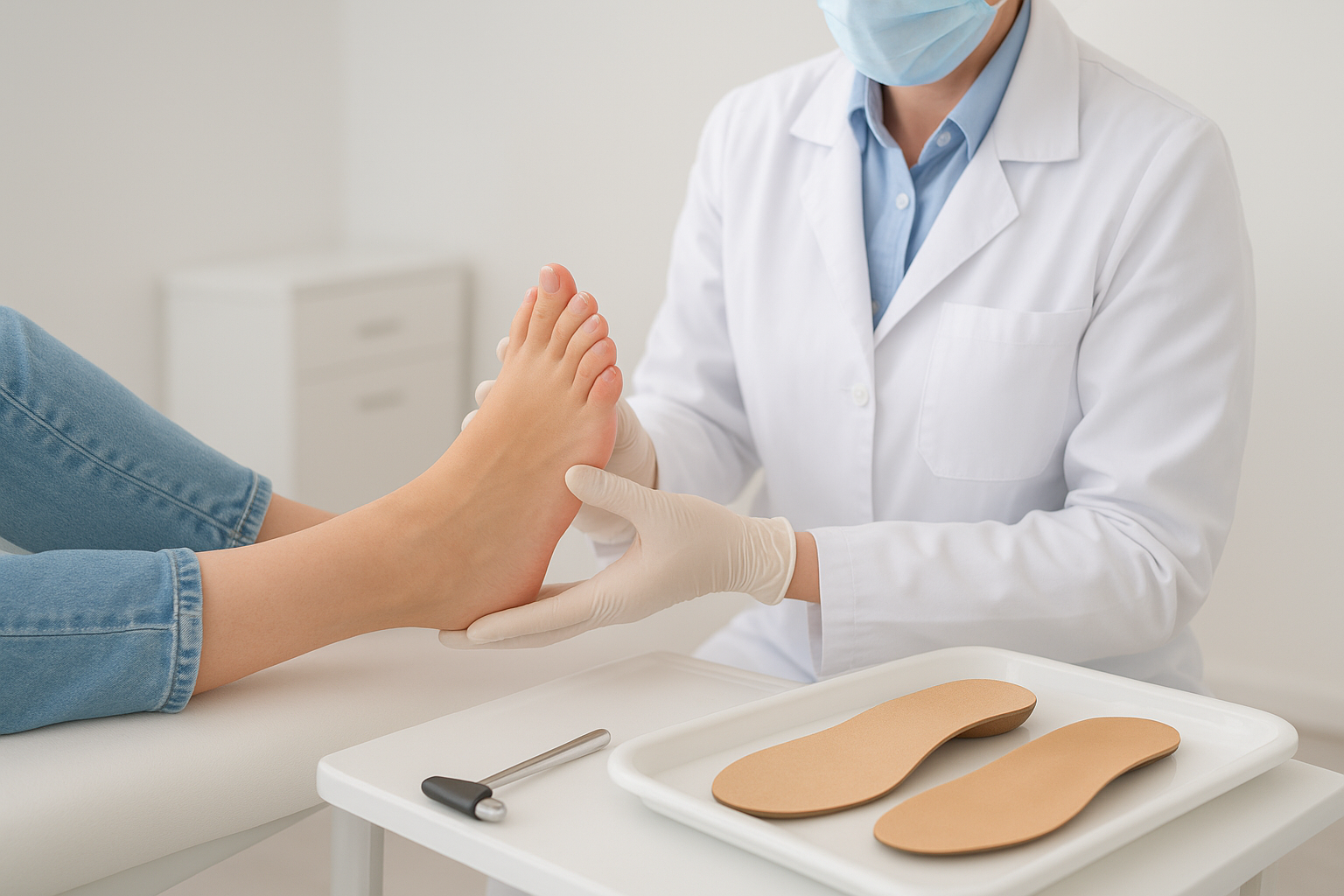 Podiatrist evaluating a patient foot before prescribing custom orthotics for plantar fasciitis