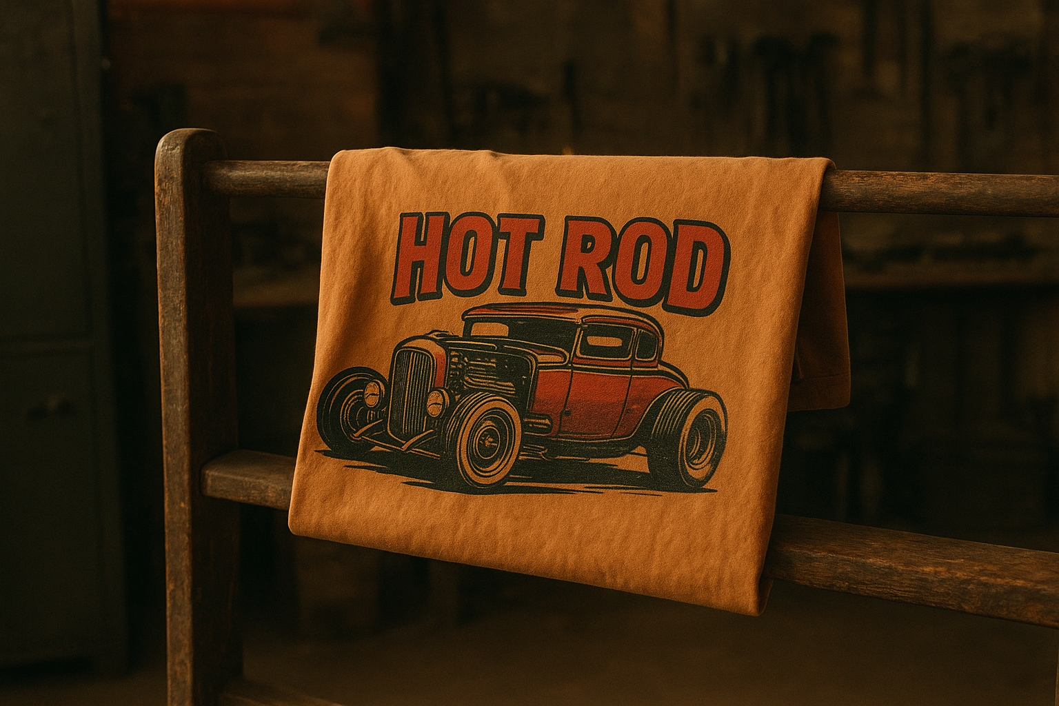 Custom apparel with vintage flair featuring a hot rod graphic tee on a wooden display