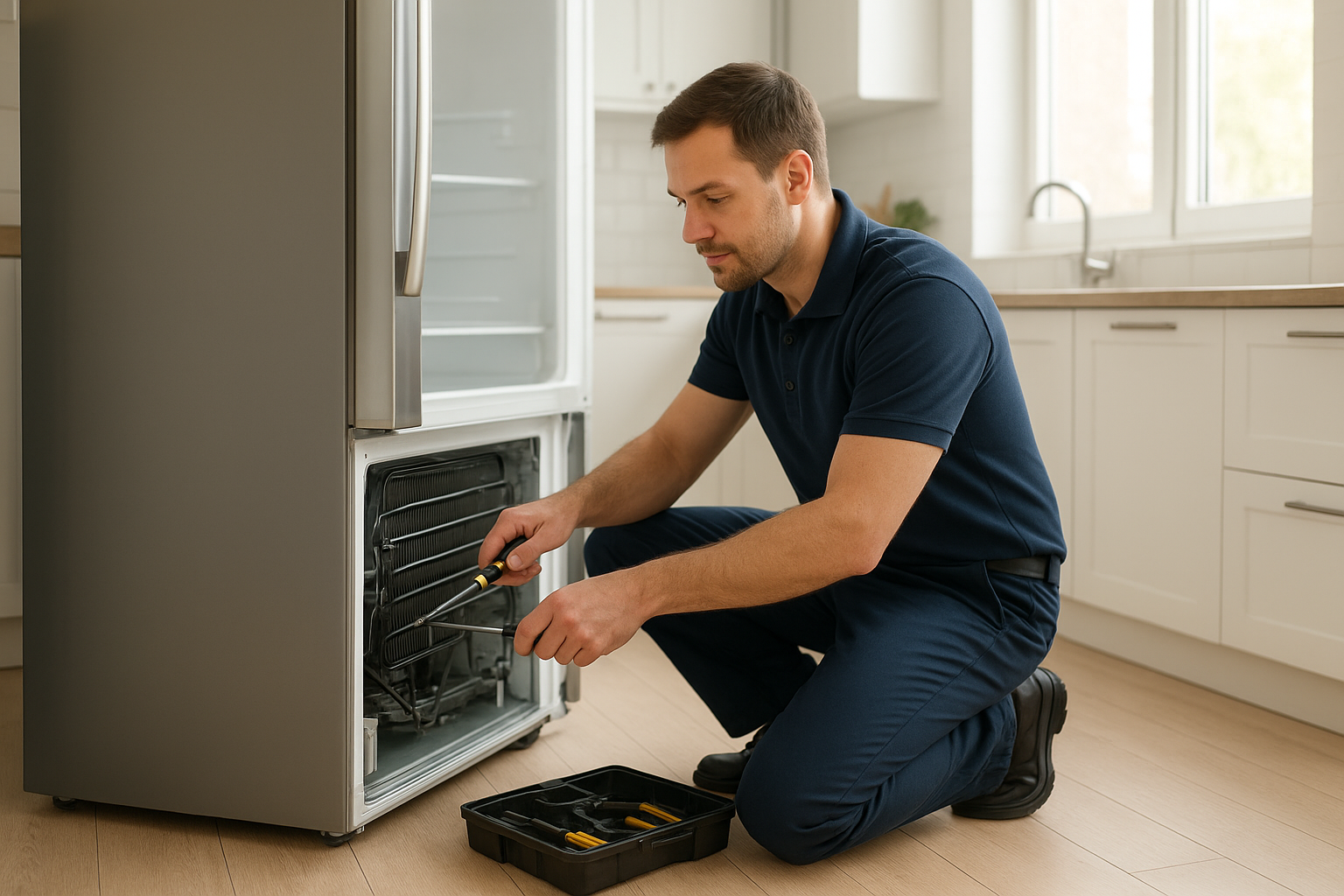 Technician performing affordable appliance services on a refrigerator in a Santa Rosa kitchen