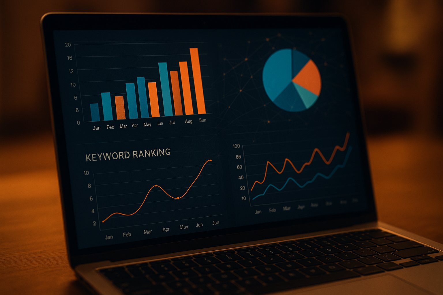 Laptop screen showing ranking data charts used for forecasting search visibility