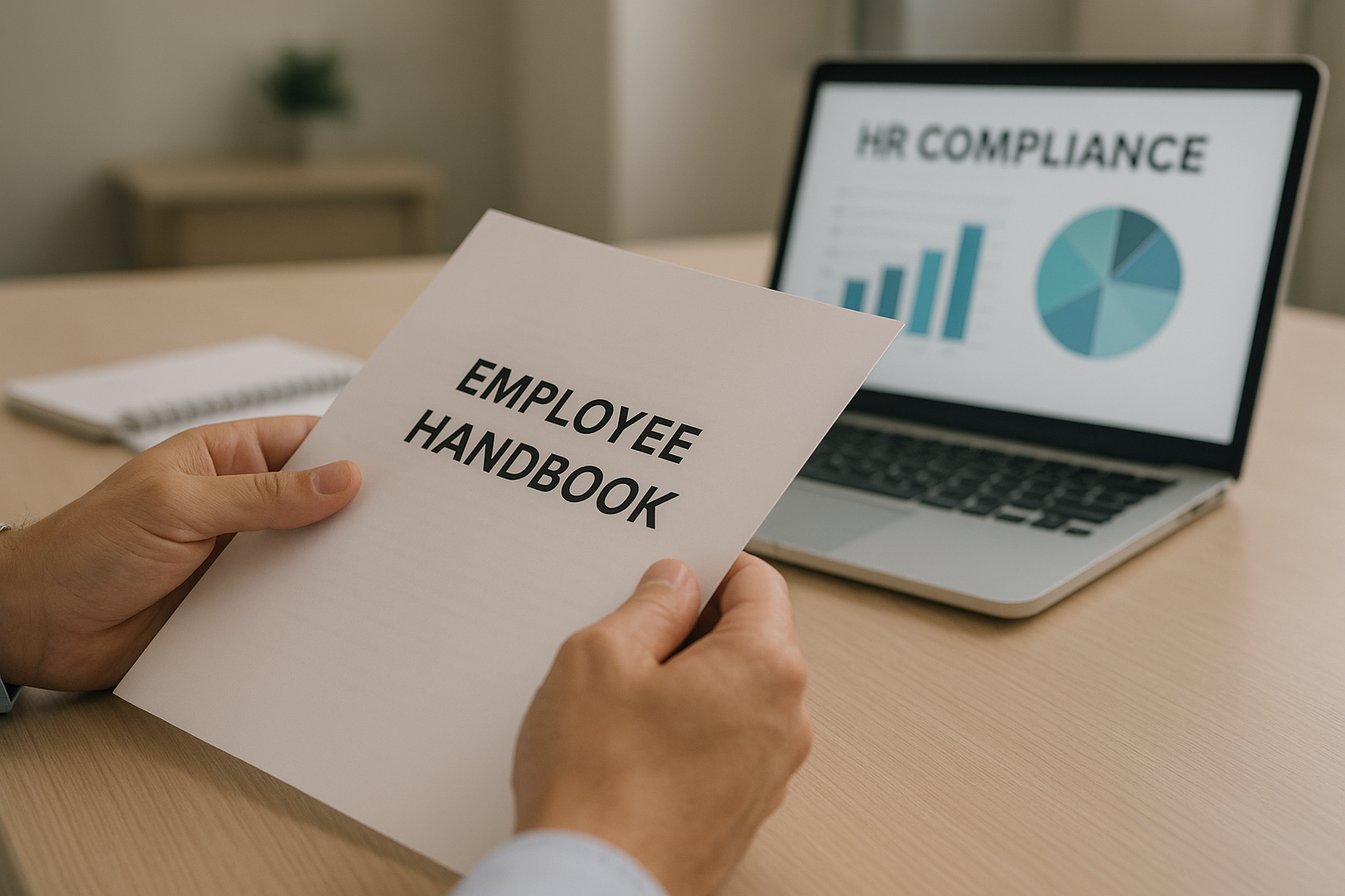 Reviewing an employee handbook with HR compliance charts during a consulting session