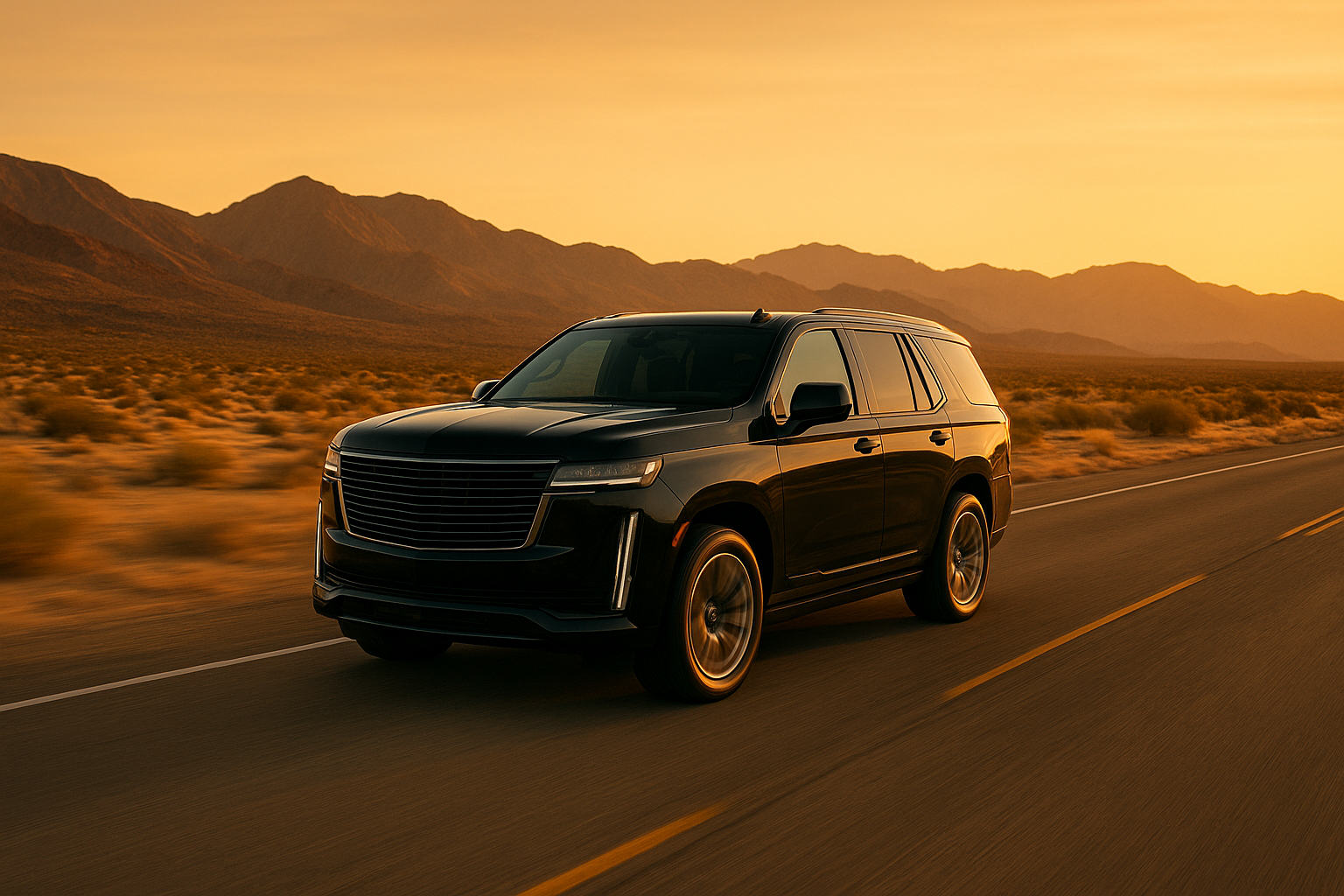 Private SUV transfer South Bay to Palm Springs driving through desert highway at sunset