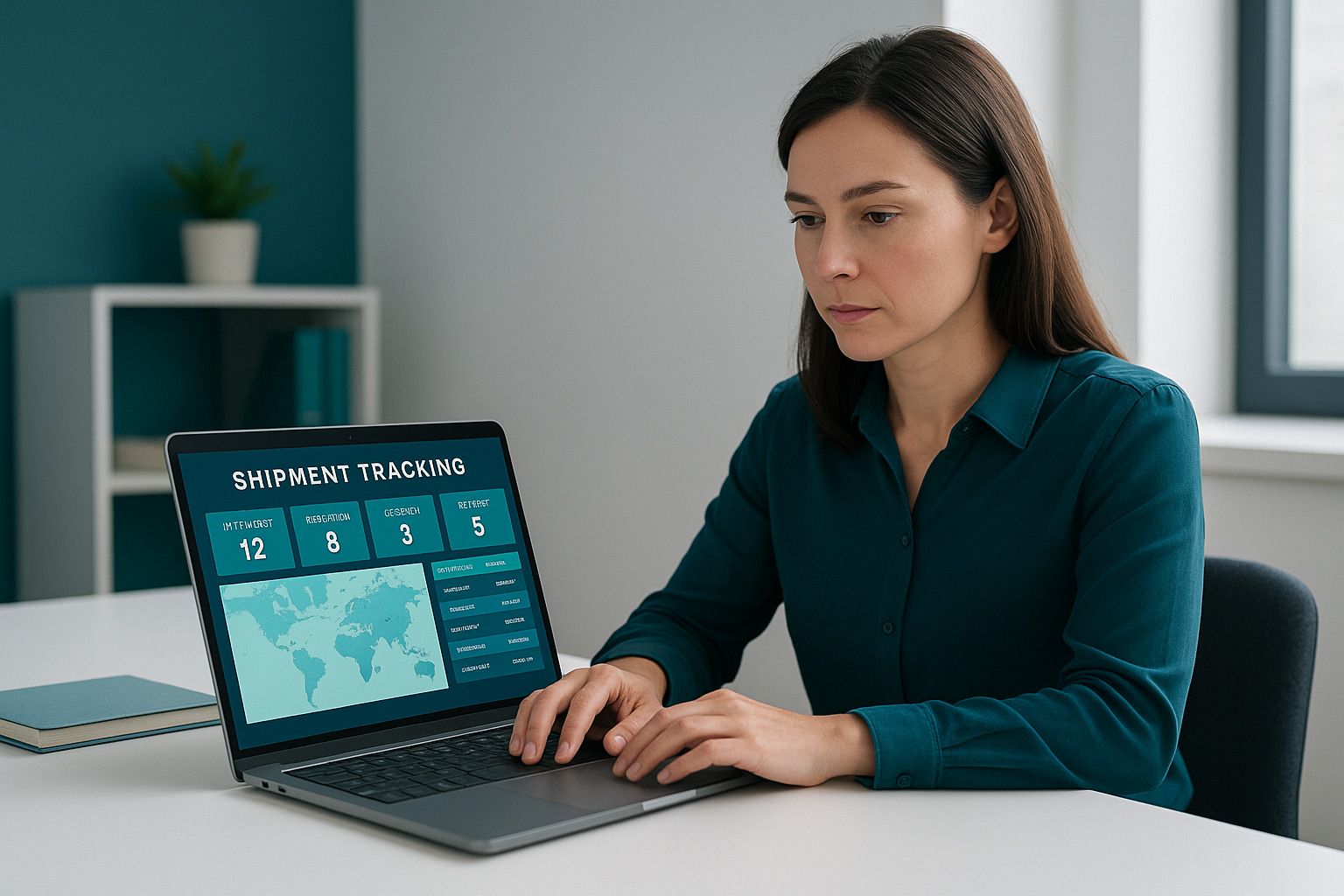 Logistics coordinator reviewing maersk container tracking dashboard on laptop