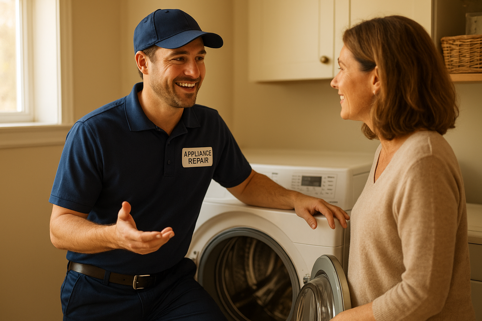 Appliance repair technician explaining washer won't spin solutions to a homeowner