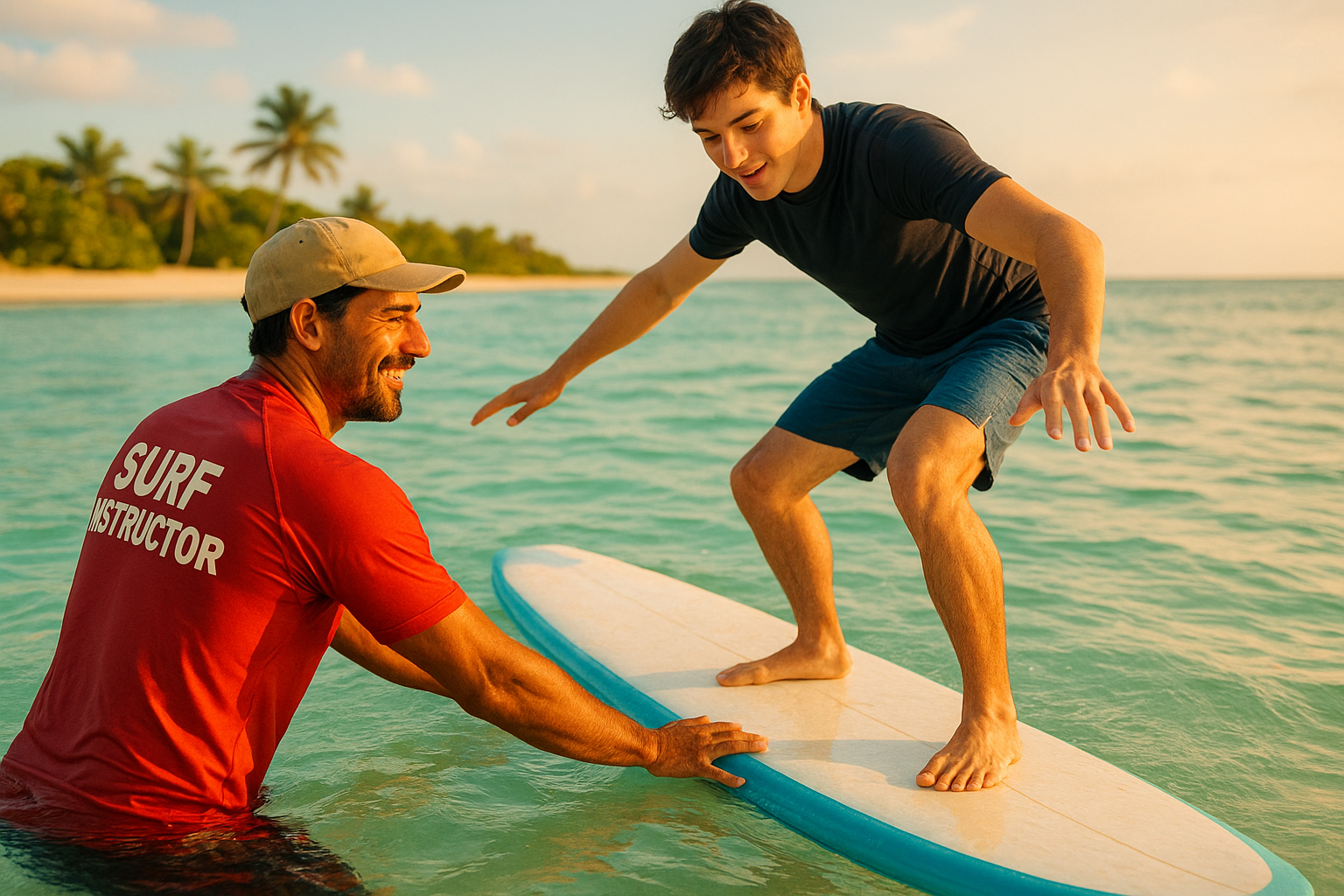 Surf instructor helping a student balance on a foam surfboard during an Oahu surf lesson