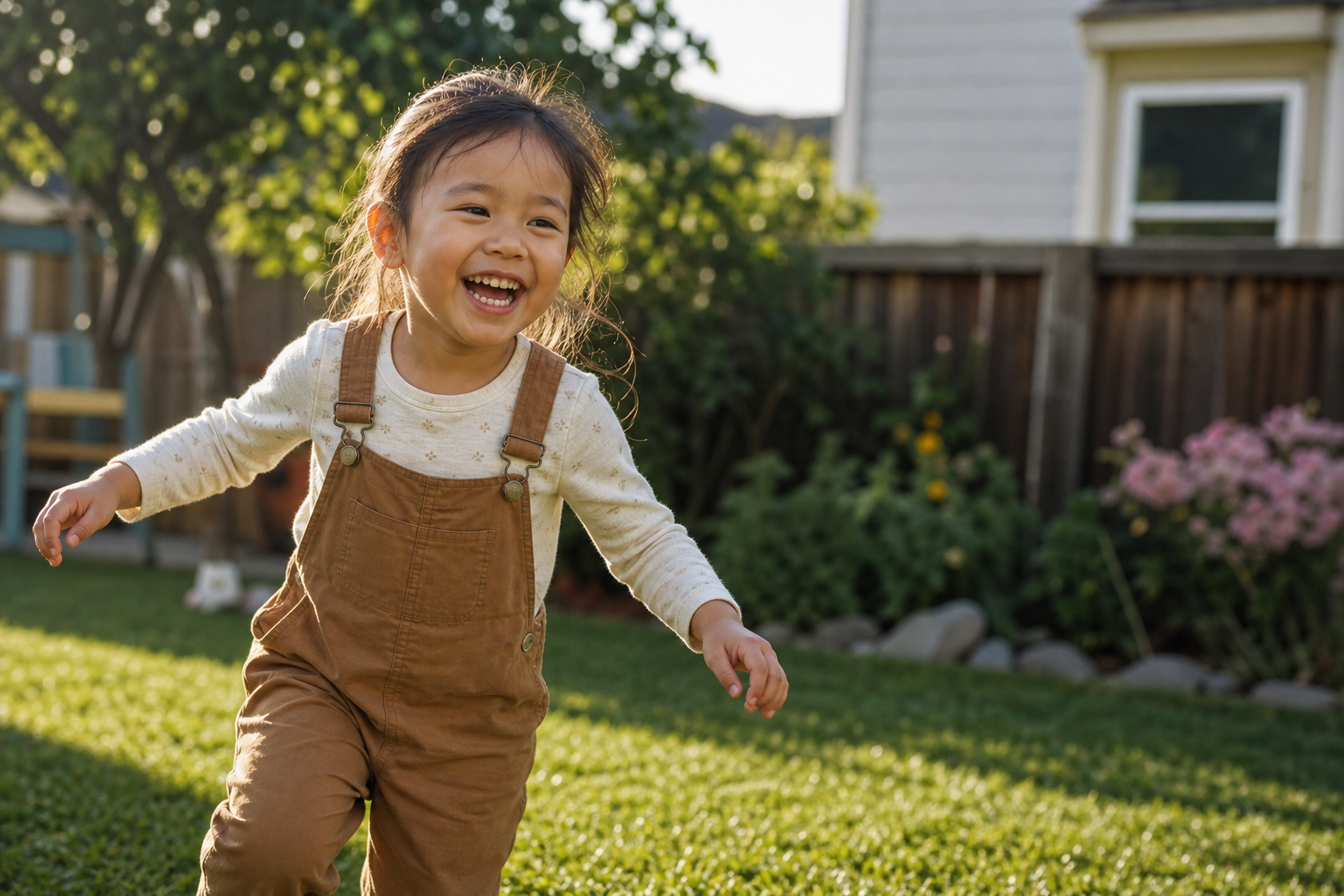 Toddler wearing children’s rental clothes for playtime while laughing in a backyard