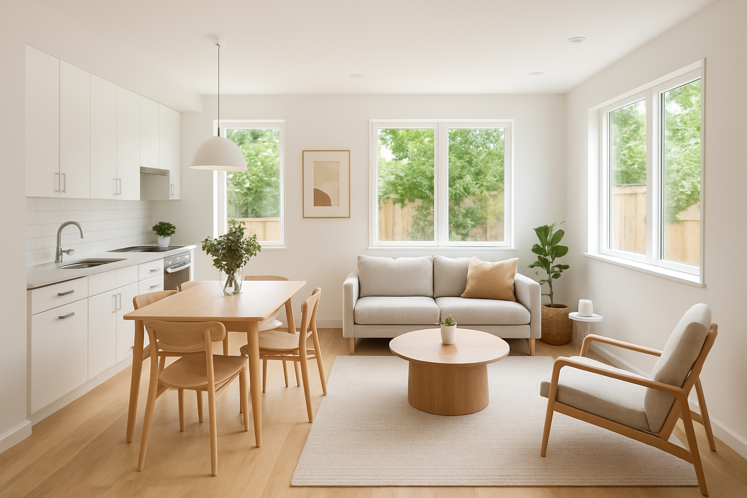 Bright modern interior of a newly completed Long Beach ADU with open kitchen and living space