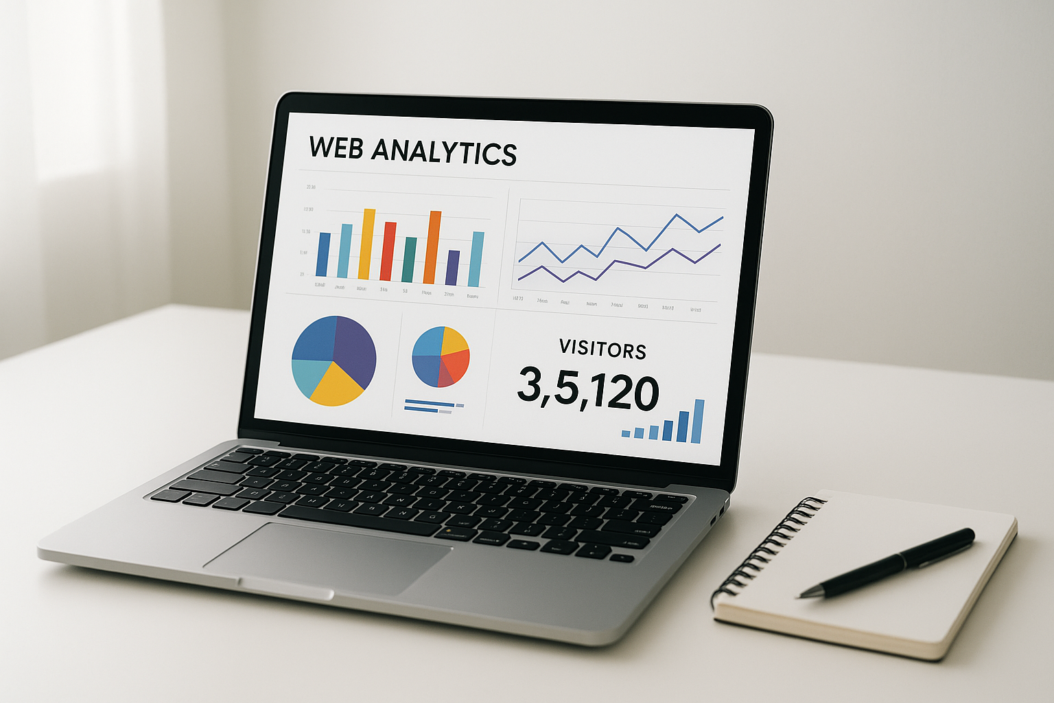 Laptop showing a web traffic analytics dashboard with colorful charts and visitor data