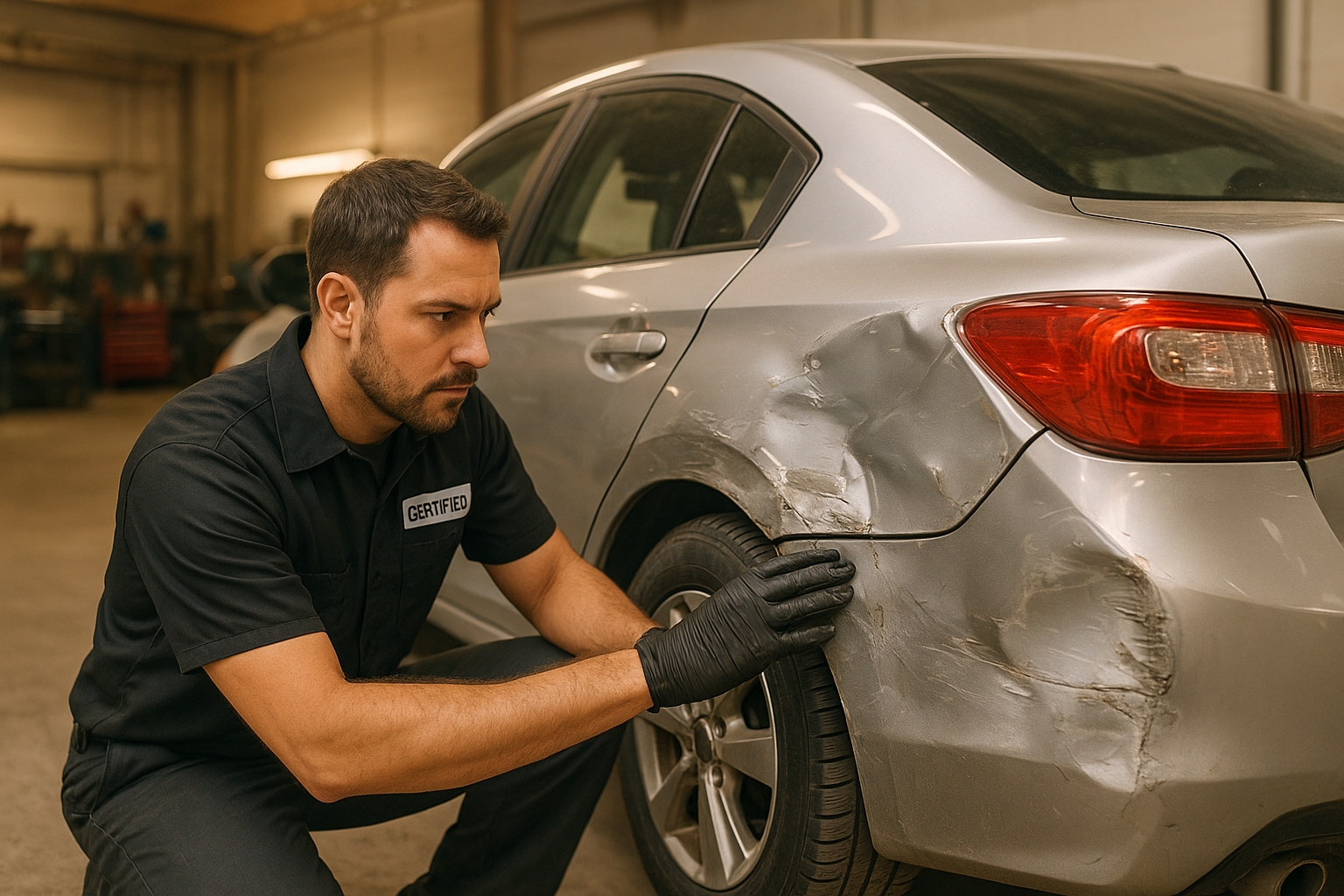 Beverly la brea auto body technician inspecting collision damage on a silver sedan