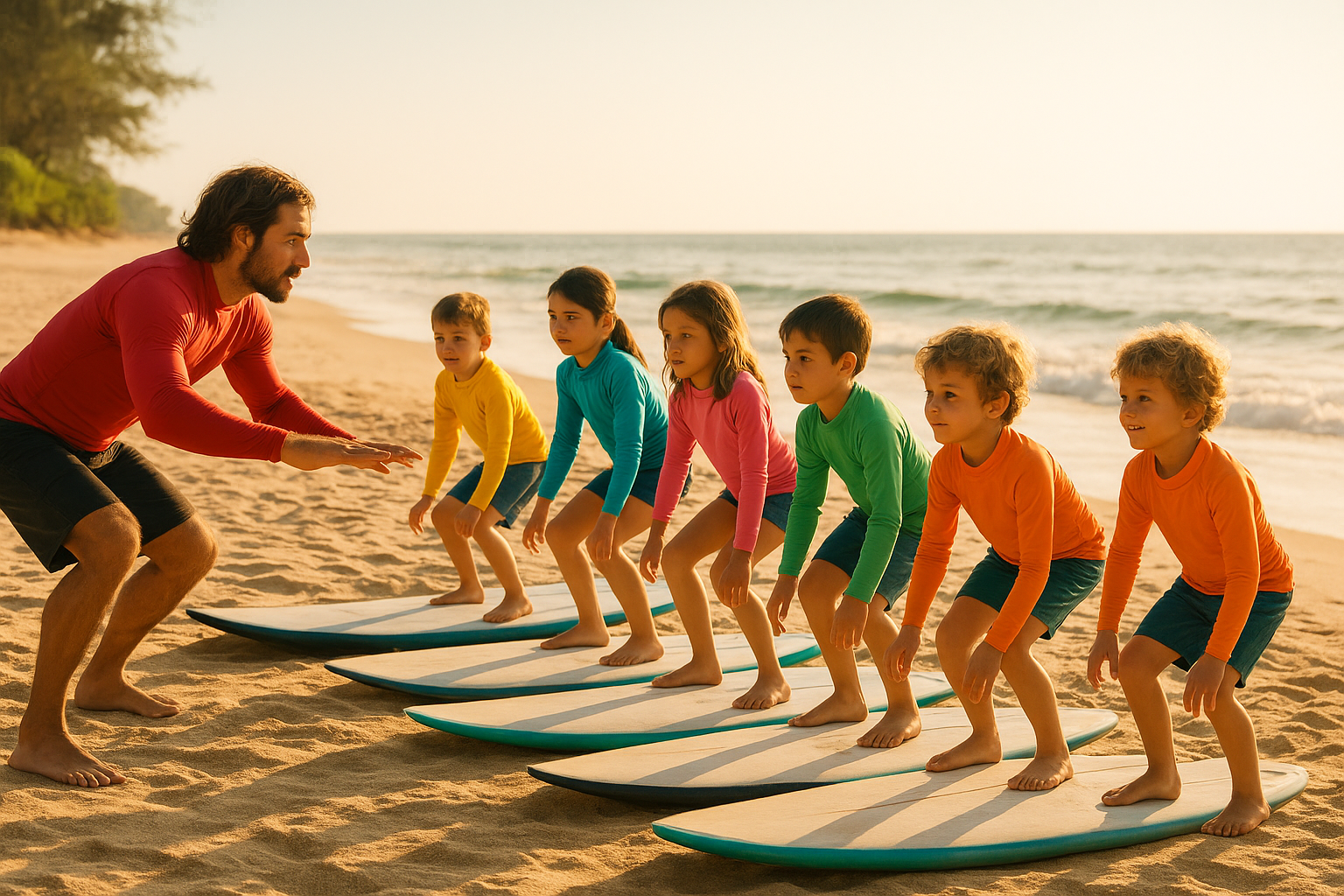 Kids practicing pop-up technique drills during a beach surf camp session