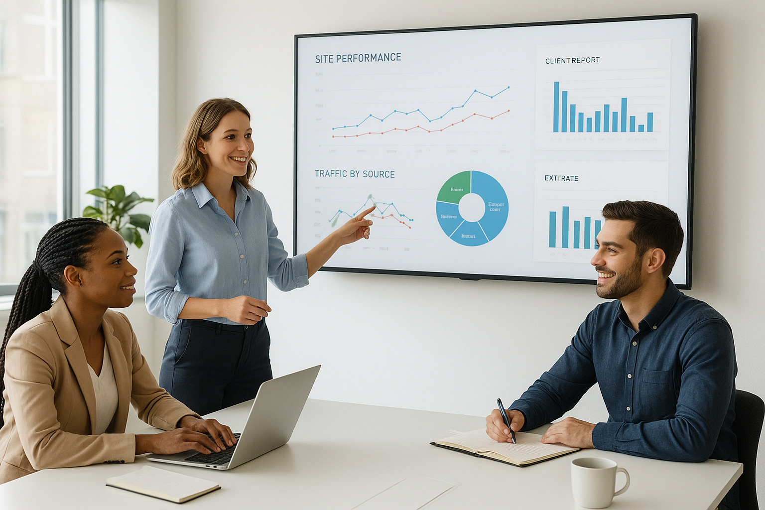 Marketing agency team reviewing automated client SEO reports on a large screen