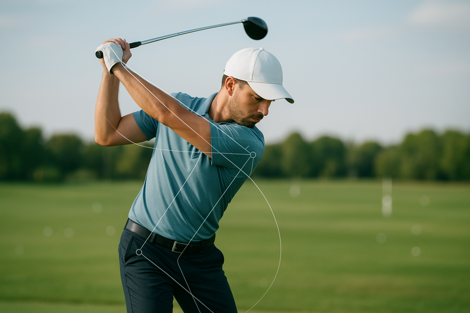 Golfer performing a swing while biomechanical golf swing coaching motion lines track joint movement
