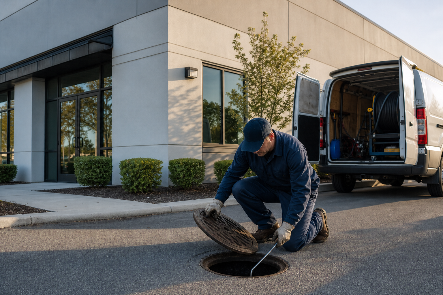 Technician accessing a commercial drain cleanout outside a Kaufman County business