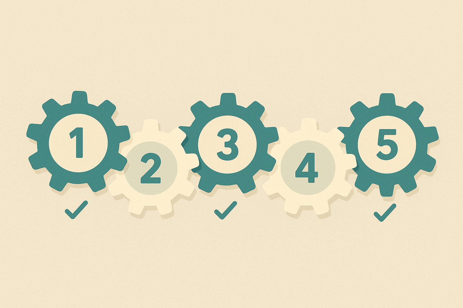Five interlocking gears representing steps in an SEO automation workflow for multiple websites