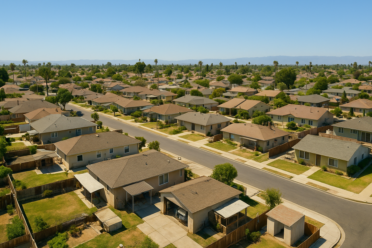 Aerial view of Southern California neighborhood showing multiple ADU second units and garage conversions
