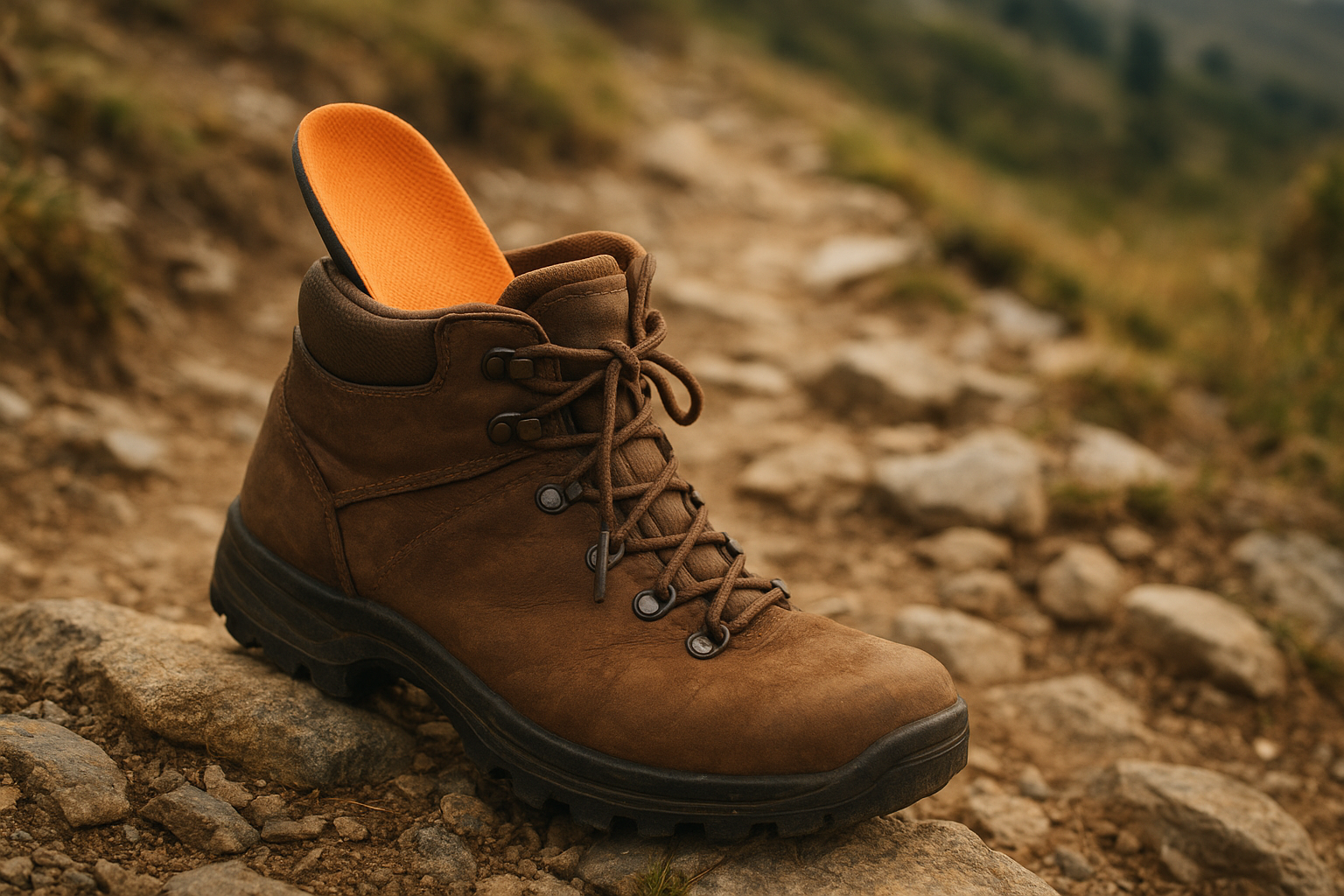 Close-up of a hiking boot with a supportive insole for hiking on a rocky trail
