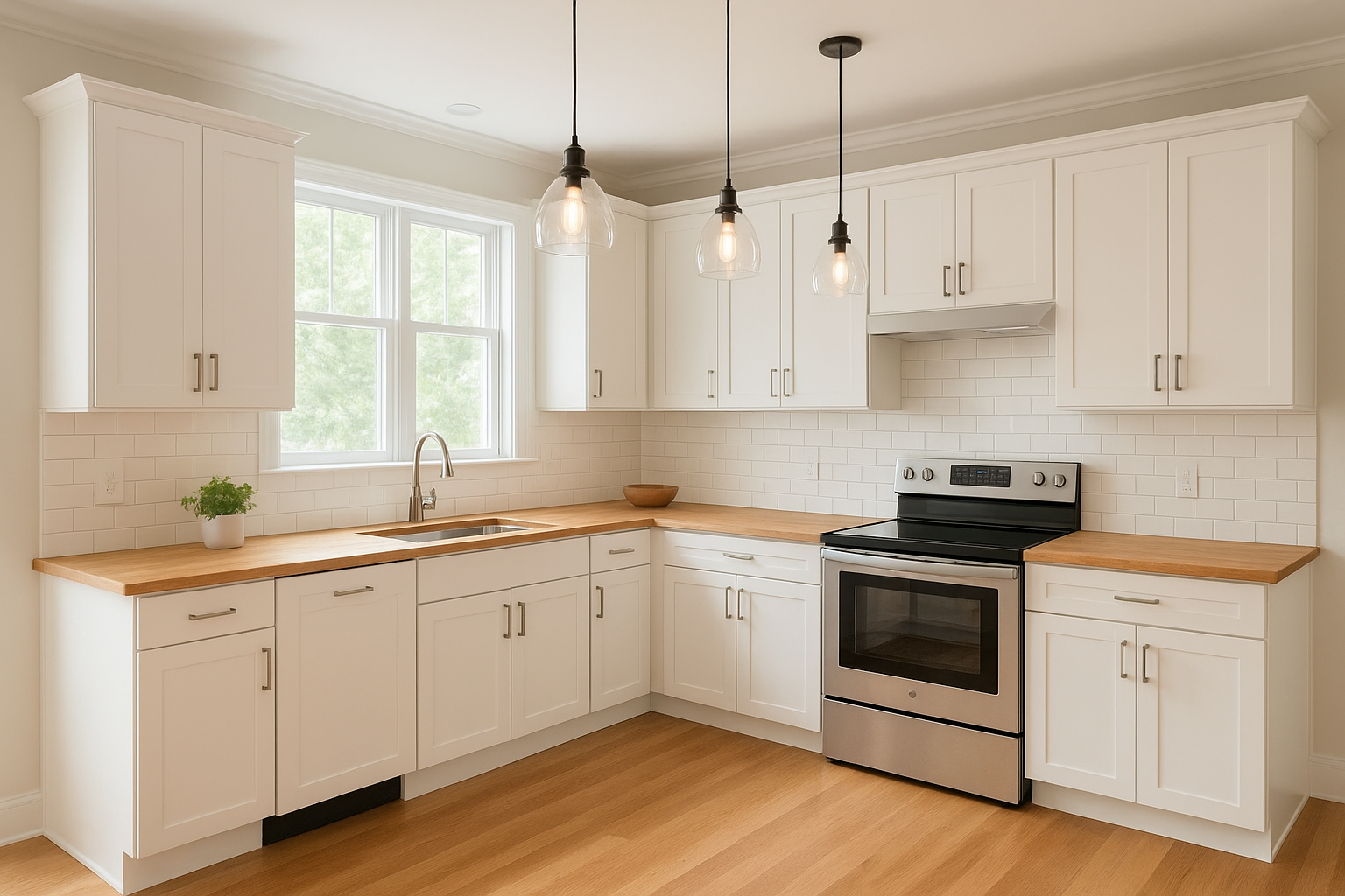 Completed kitchen cabinet installation with white shaker doors and wood countertops in a modern home