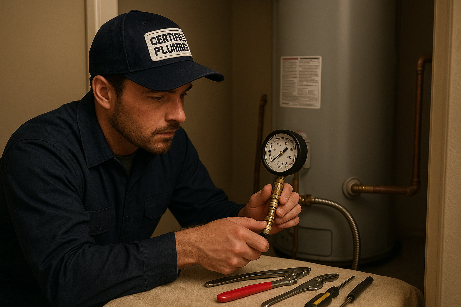 E4f98f1c_gas-water-heater-check Certified plumbing technician testing a gas water heater connection in a Kaufman County home