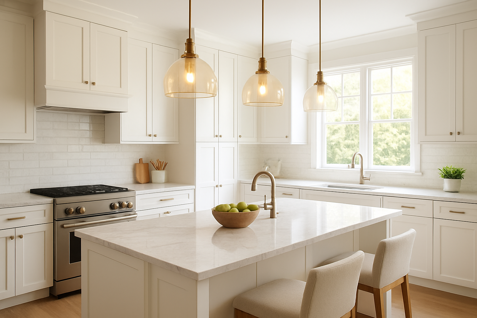 Sweepstakes kitchen makeover result showing bright white shaker cabinets and marble countertops