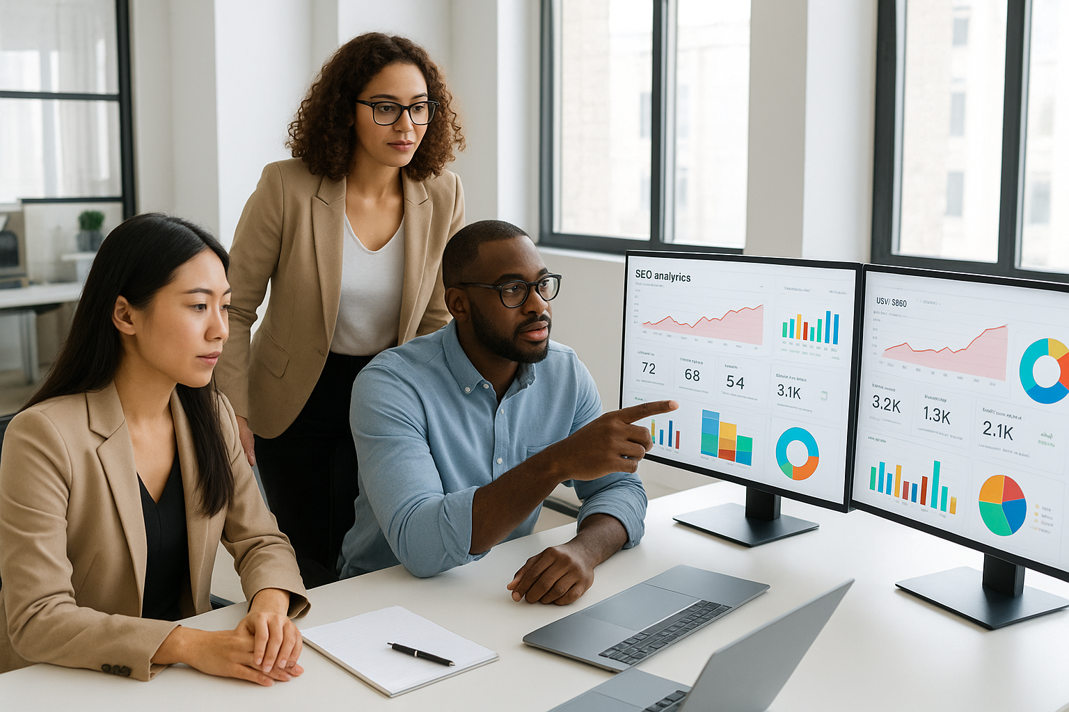 Digital agency team reviewing SEO tools for digital agencies on dashboard screens