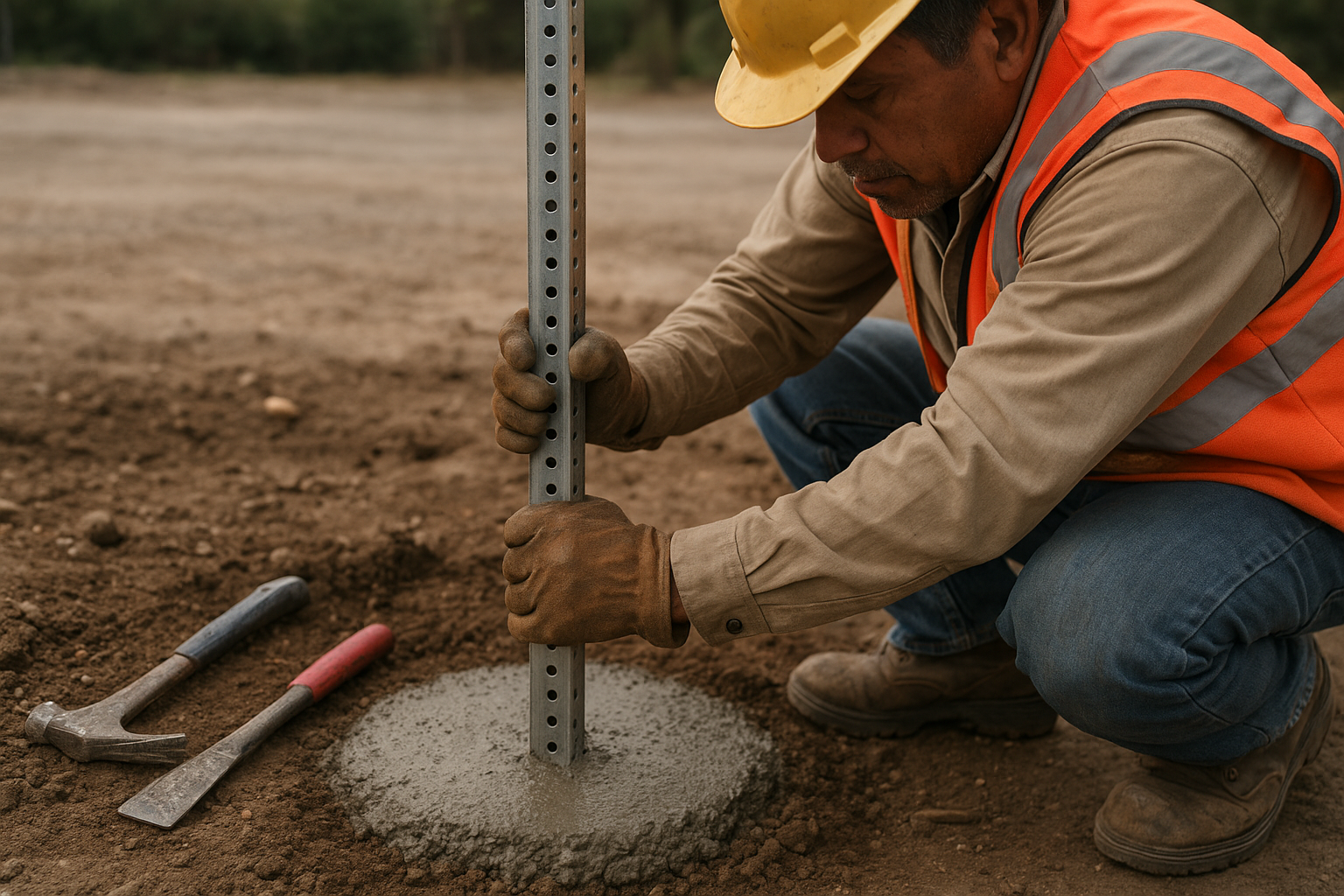 Contractor installing an accessible parking sign post in a Denton Texas parking lot