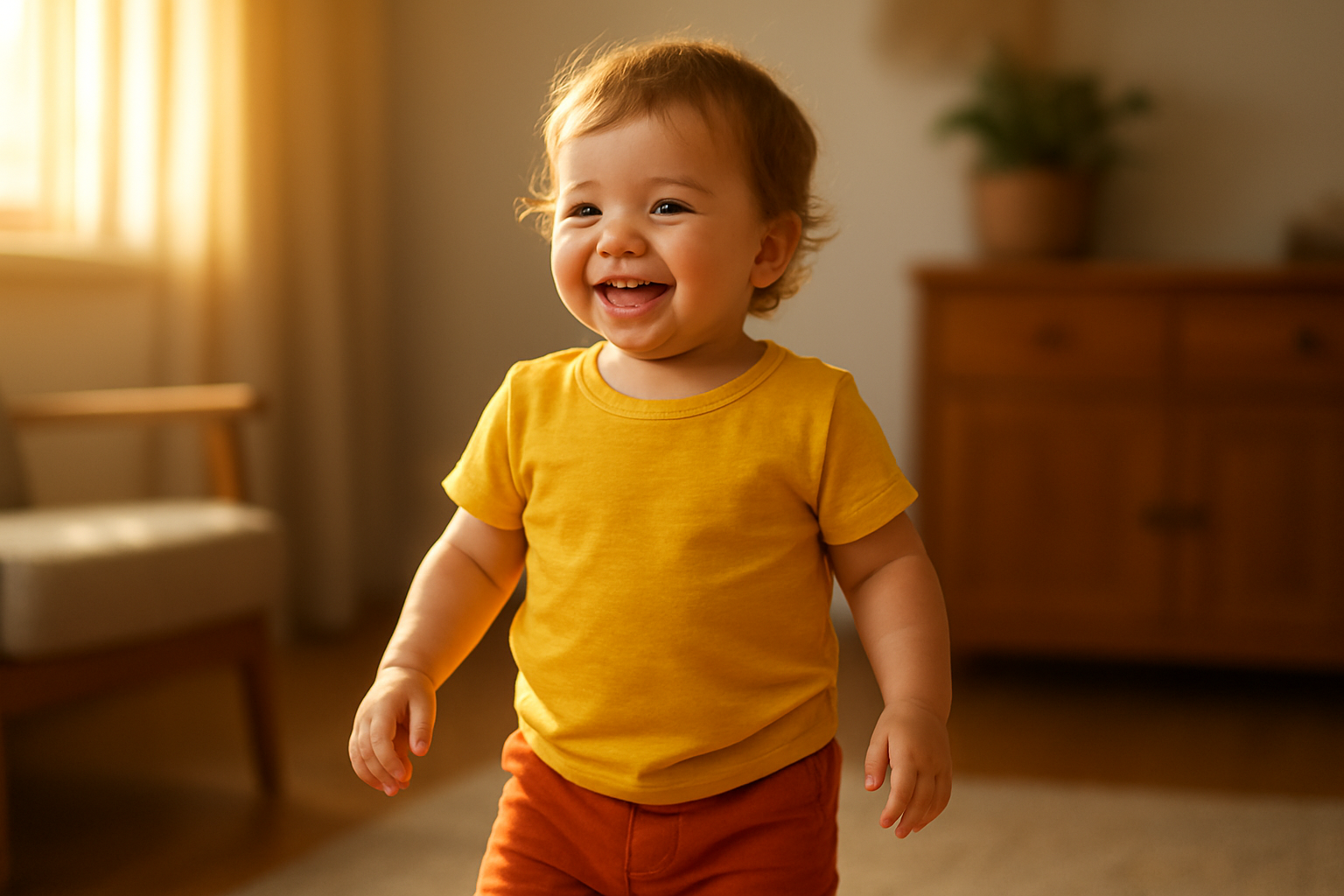 Happy toddler wearing premium children's clothing from a kids clothing subscription plan in a bright living room